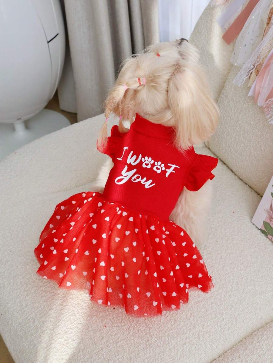 PETSIN 1 st. I WOOF YOU Rood Hartpatroon Mock Neck Lantaarnmouw Gevlokt & Mesh Huisdier Hondenjurk, Luxe Valentijnsoutfit