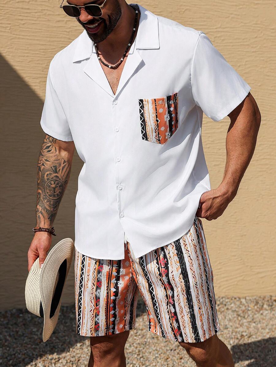 ResortEase Conjunto de camisa de manga corta con bolsillo y pantalones cortos con estampado geométrico para hombres de talla grande