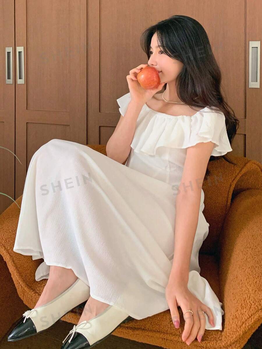 DAZY Vestido de sol de manga caída con volantes en la cintura y largo medio para mujer