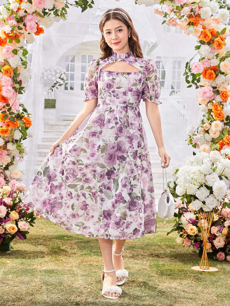 Wildeya 1 Stück Teenager Mädchen Lila Rüschen Kragen Puff Ärmel Kurzarm Organza Muster Kleid, feminin & elegant, Frühling/Sommer, Ferien, Sommer, Reise