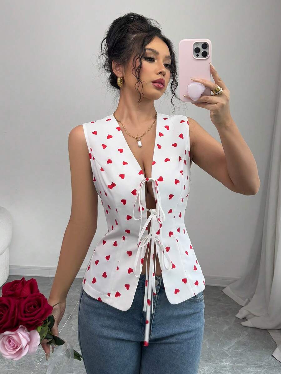 Elenzga Valentine's Day Casual Heart Print Tied Front Camisole