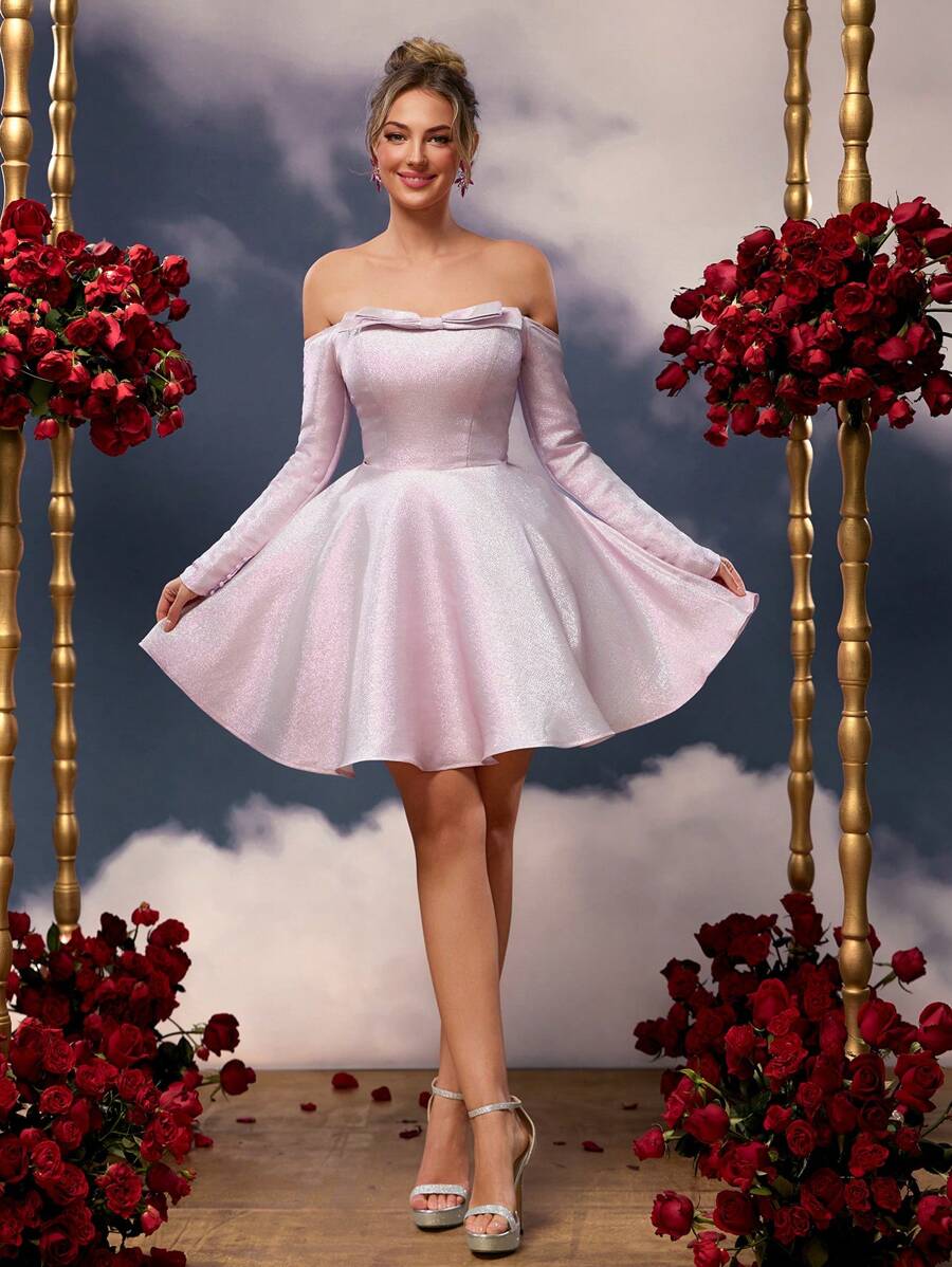 SHEIN Belle Elegante y romántico vestido formal rosa pastel con lazo de tela brillante y mangas largas fuera del hombro, para fiesta de graduación, fiesta de cumpleaños, Día de San Valentín, baile de graduación, vestido de invitado a boda