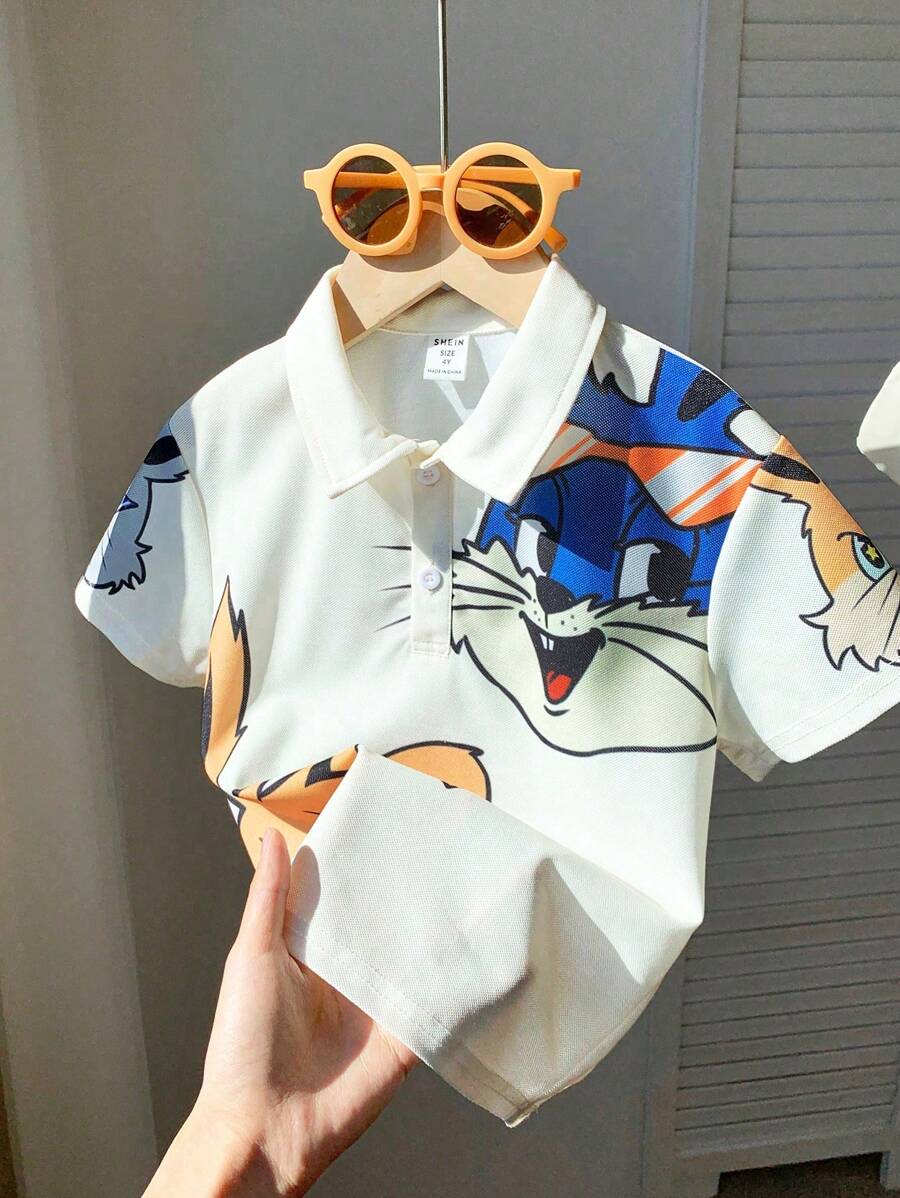 SHEIN 1 pezzo Polo shirt per ragazzi giovani con colletto alla coreana, motivo a coniglietto carino e comoda, adatta per uso quotidiano, scuola, uscite, sport, primavera/estate, in pile, spessa