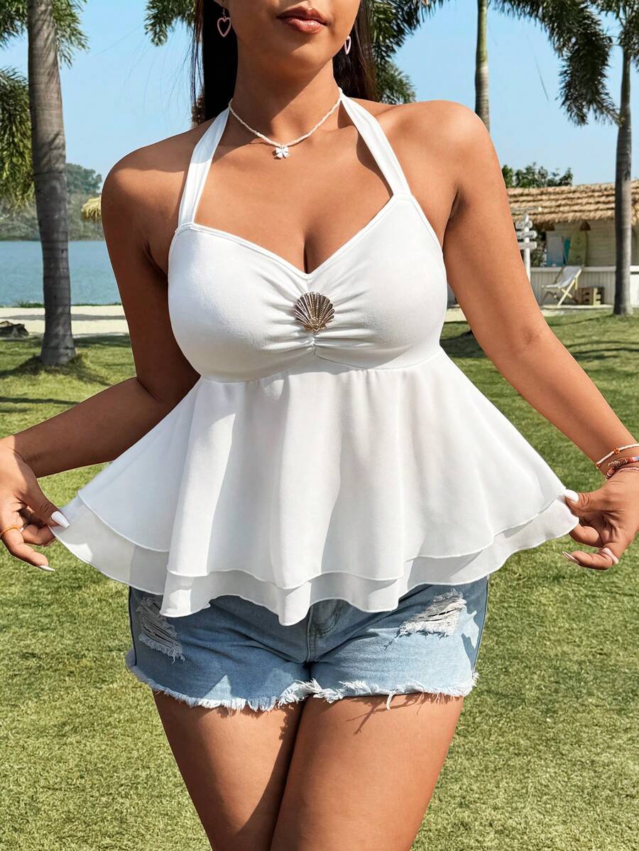 Sunnyshic Plus Size Shell Button Decor Cami Top With Tie Back, Casual