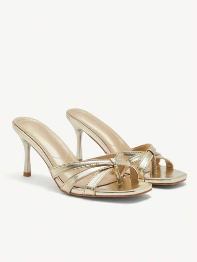CUCCOO CHICEST Women's Fashion Square Toe Gold Color Flat Thong Sandals, Simple Thin High Heel Party Dress Sandals
