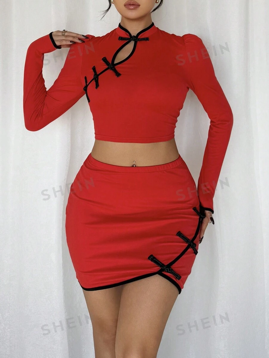Chiquease Conjunto de 2 piezas con adorno de botones de estilo chino para mujeres, atuendo de Año Nuevo