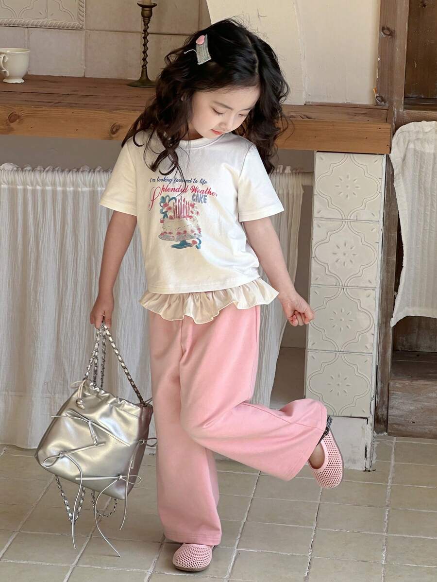DAZY 2pcs Casual Young Girl Minimalist Short Sleeve T-Shirt And Pants Set For Daily Wear,Girls Summer Outfits