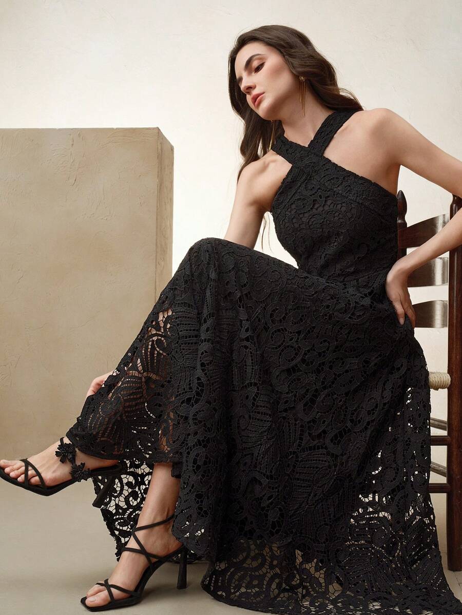 Anewsta Elaire Vestido casual de mujer con tirantes de encaje negro, espalda descubierta, adecuado para looks de playa de primavera/verano