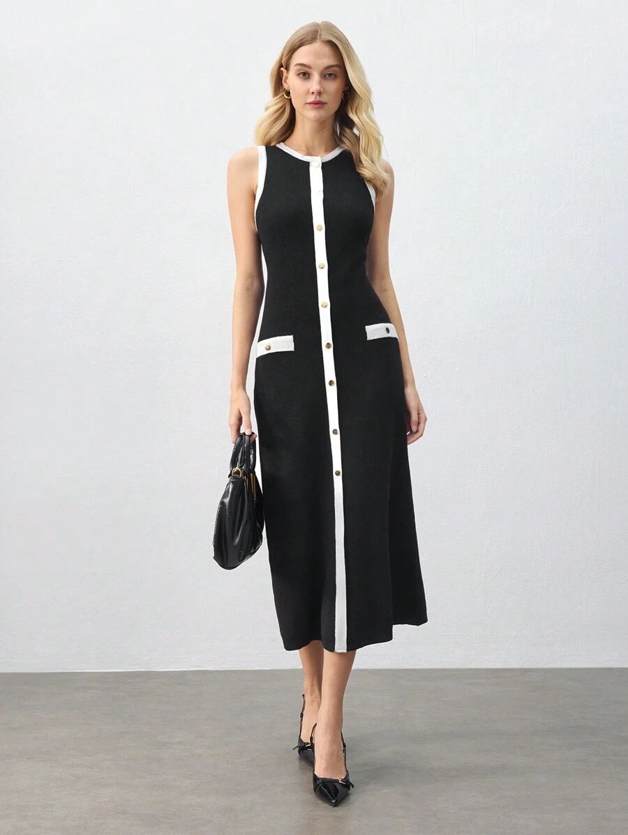 BizChic Women's Black & White Contrast Color Casual Everyday Dress, Minimalist Design For Work