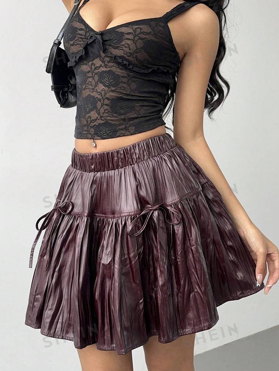 Aloruh Minifalda plisada de PU para mujer, color borgoña, adecuada para Navidad, Año Nuevo, Día de San Valentín