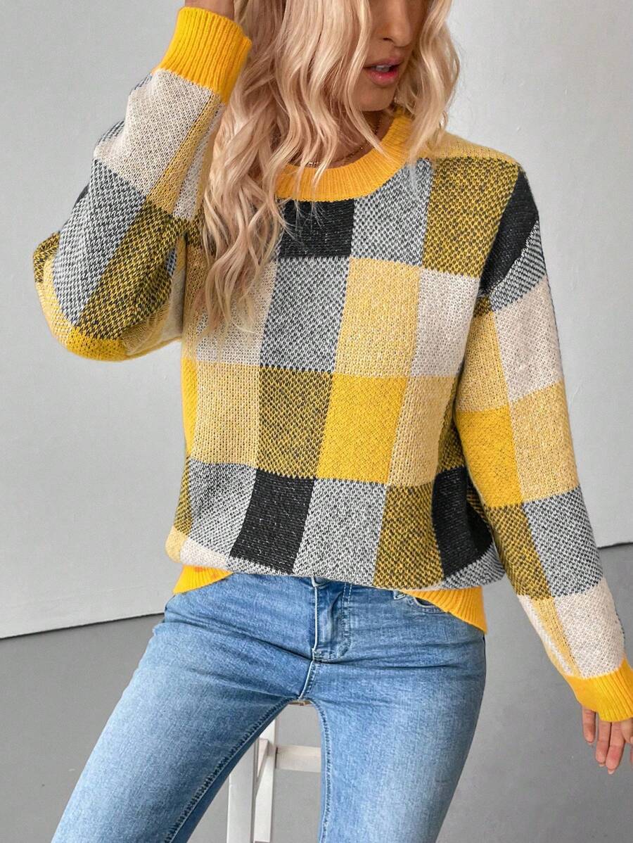 SHEIN LUNE Women's Plaid Drop Shoulder Long Sleeve Casual Pullover Sweater, Autumn/Winter