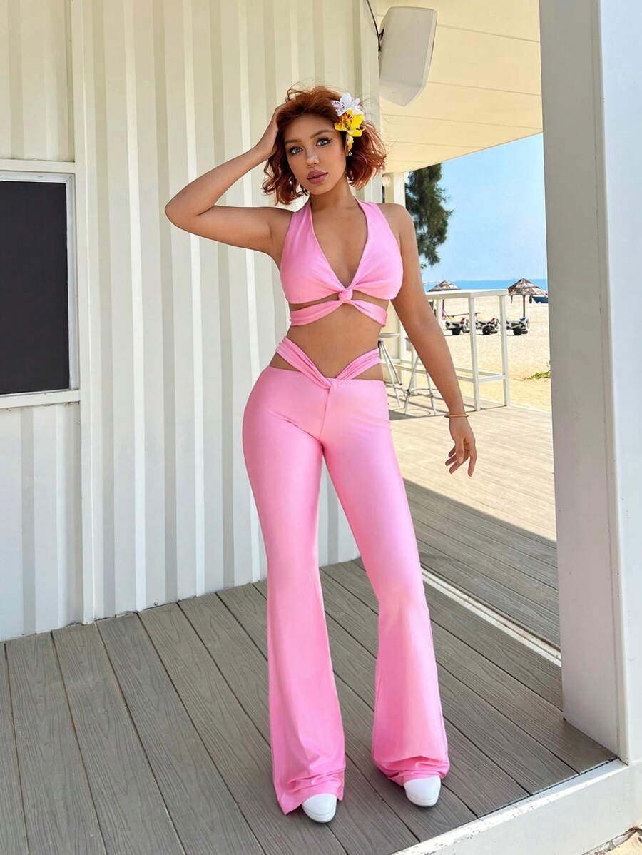 SHEIN ICON 2pcs Knot Front Backless Halter Design Top And Flare Leg Pants Sexy Women Outfit