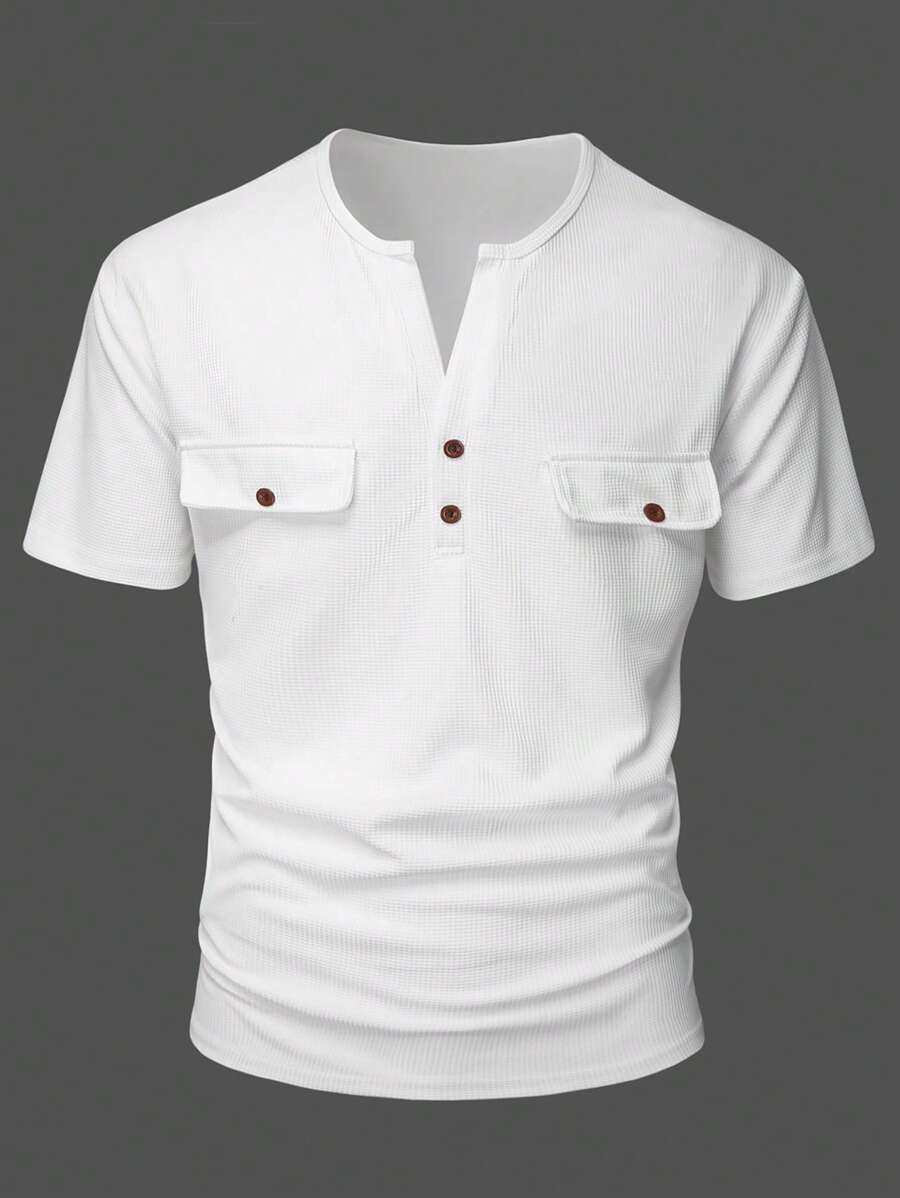 Manfinity Homme Camiseta de hombre de manga corta, cuello en V y abotonadura a presión de unicolor