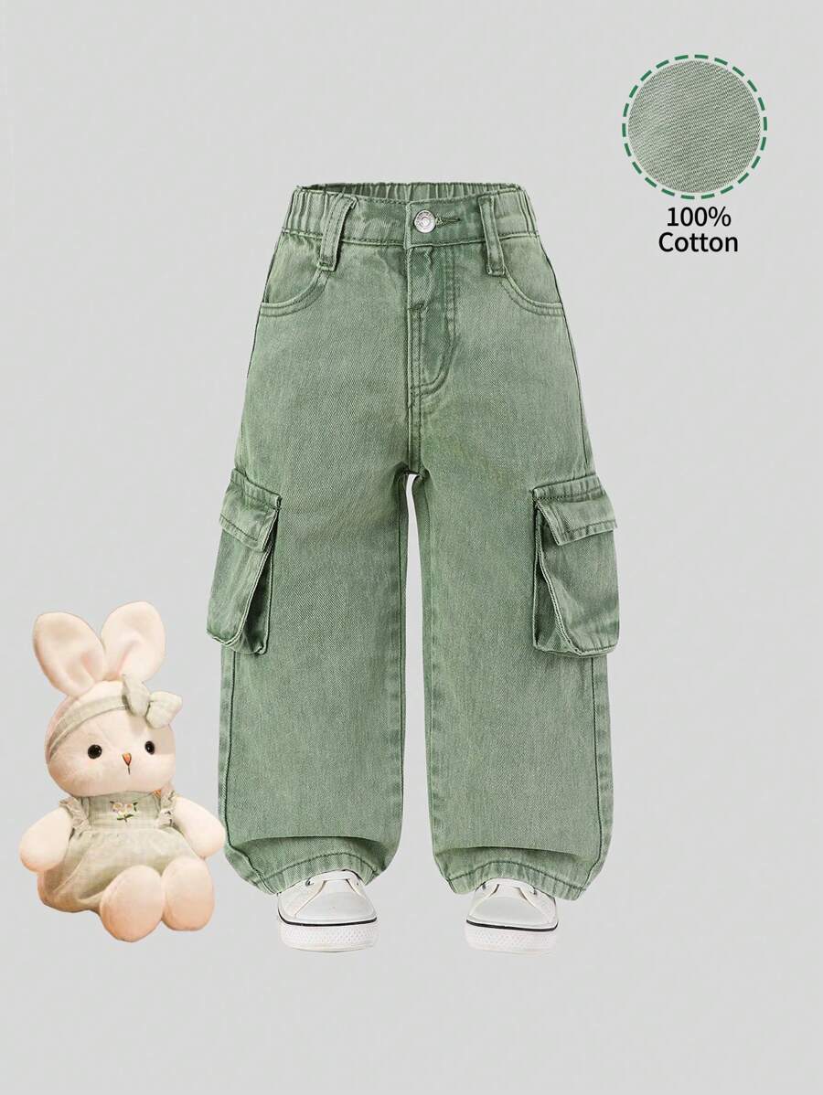 SHEIN Pantalones de carga de mezclilla con pierna recta de estilo casual retro para niña joven