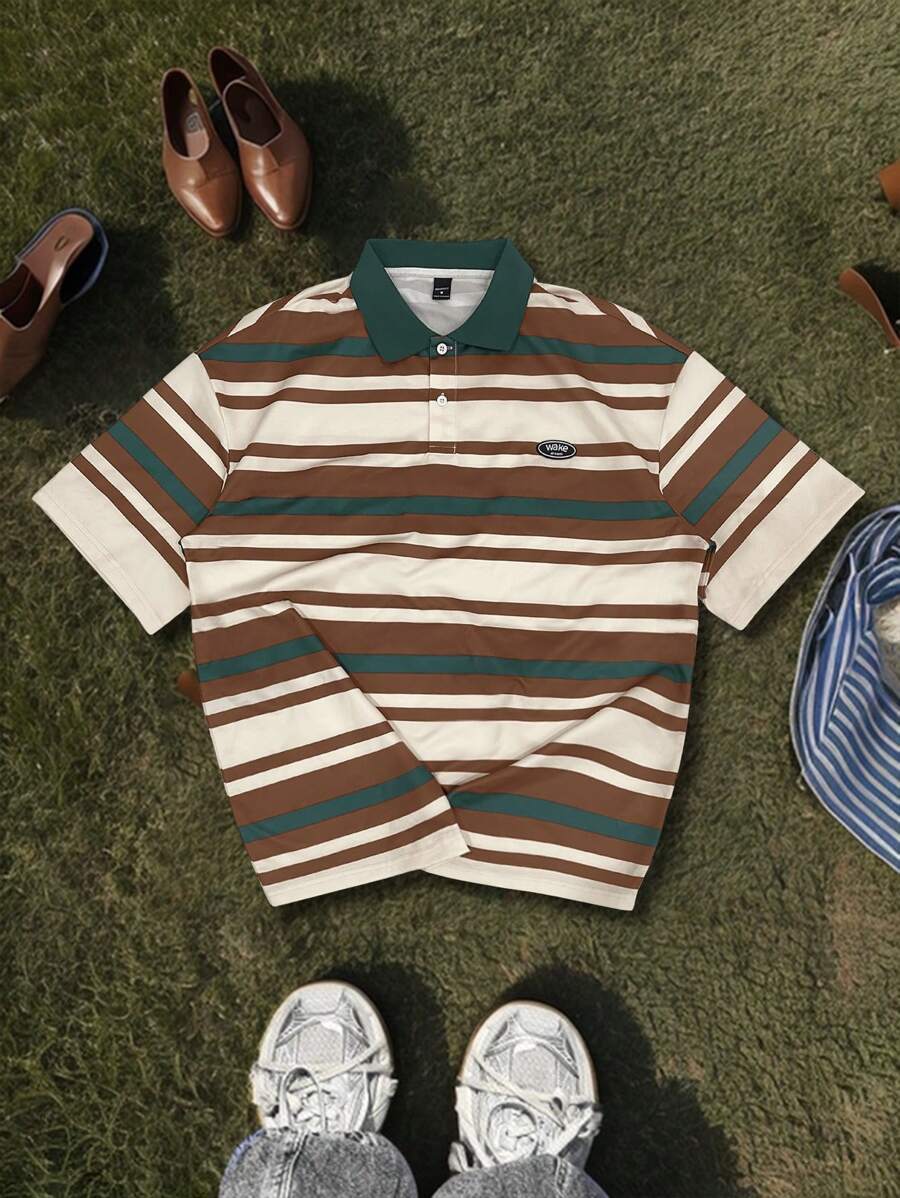 Manfinity Sporsity Men's Street Collegiate Sports Style, INS Matched With A High Street Purple Wide Vertical Striped Loose Fit Fashion Short-Sleeve Polo Shirt. It Features A "Los Angeles" Letter Design And An Oversized "01" On The Back, Along With A Button Placket. With A Loose Fit, This Polo Shirt Embodies Street Rock Aesthetics, Making It Suitable For Music Festivals And Everyday Outfits. An Excellent Gift For Boyfriends Or Husbands, It Represents Streetwear And Y2K Style. It Is Also Perfect For Pairing In All Four Seasons, Especially Spring And Summer. Men's Summer Letter & Stripe Short Sleeve Casual POLO Shirt , Sport Jersey , Soccer Shirts , Los Angeles T Shirt ,Jersey