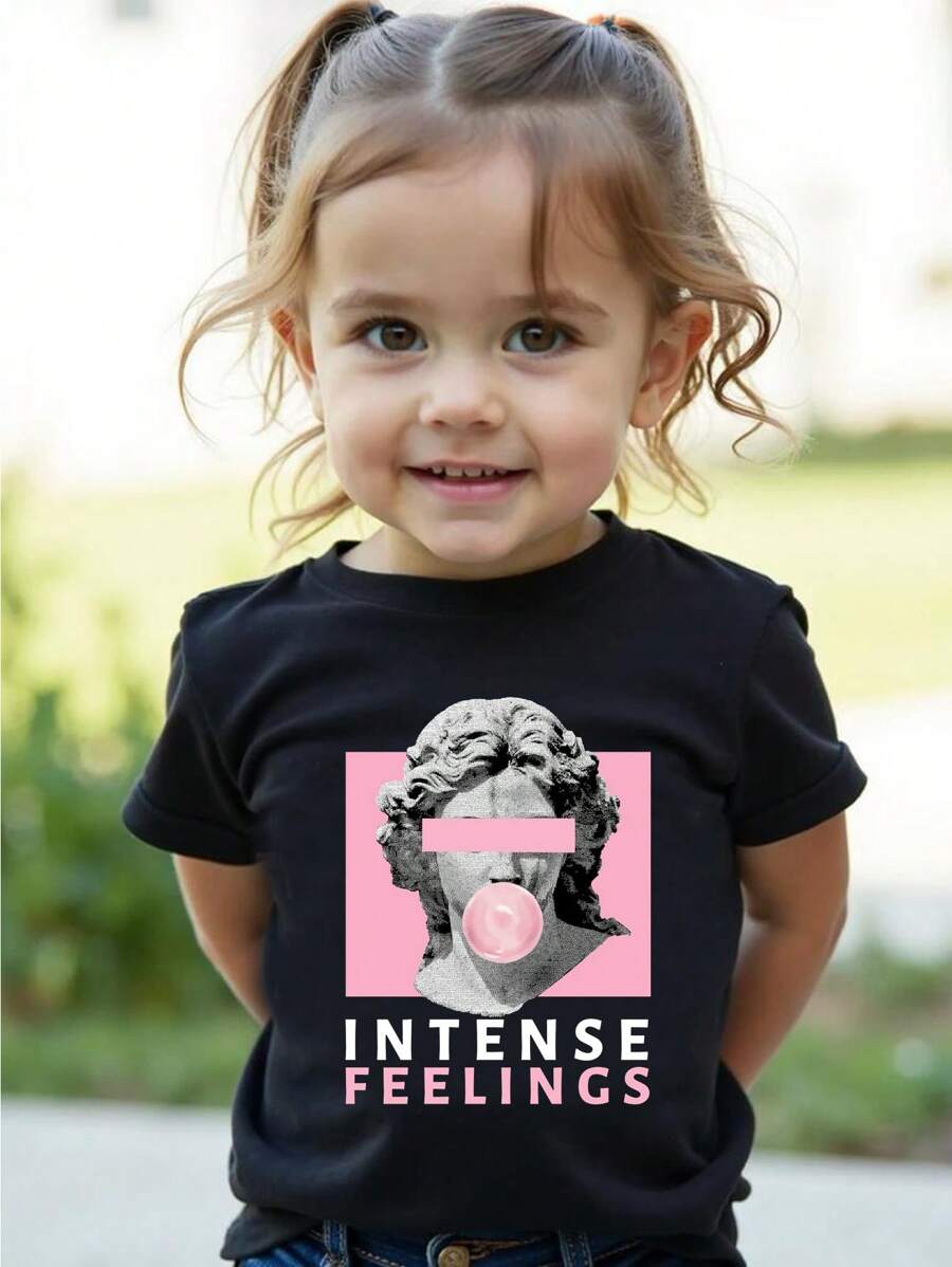 Jong meisje Casual Mode Portret & Slogan Grafisch Ronde Hals Korte Mouw T-shirt, Geschikt Voor De Zomer