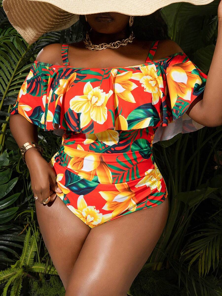 SHEIN Slayr CURVE Tropical Print Maxi Dress With Plus Size Ruffle Hem, Plus Size Summer