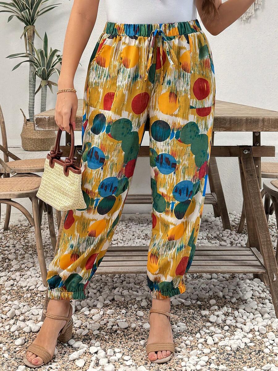 SHEIN LUNE Women's Casual Woven Camo Print Elastic Waist Loose Pocket Pants For Summer, Plus Size