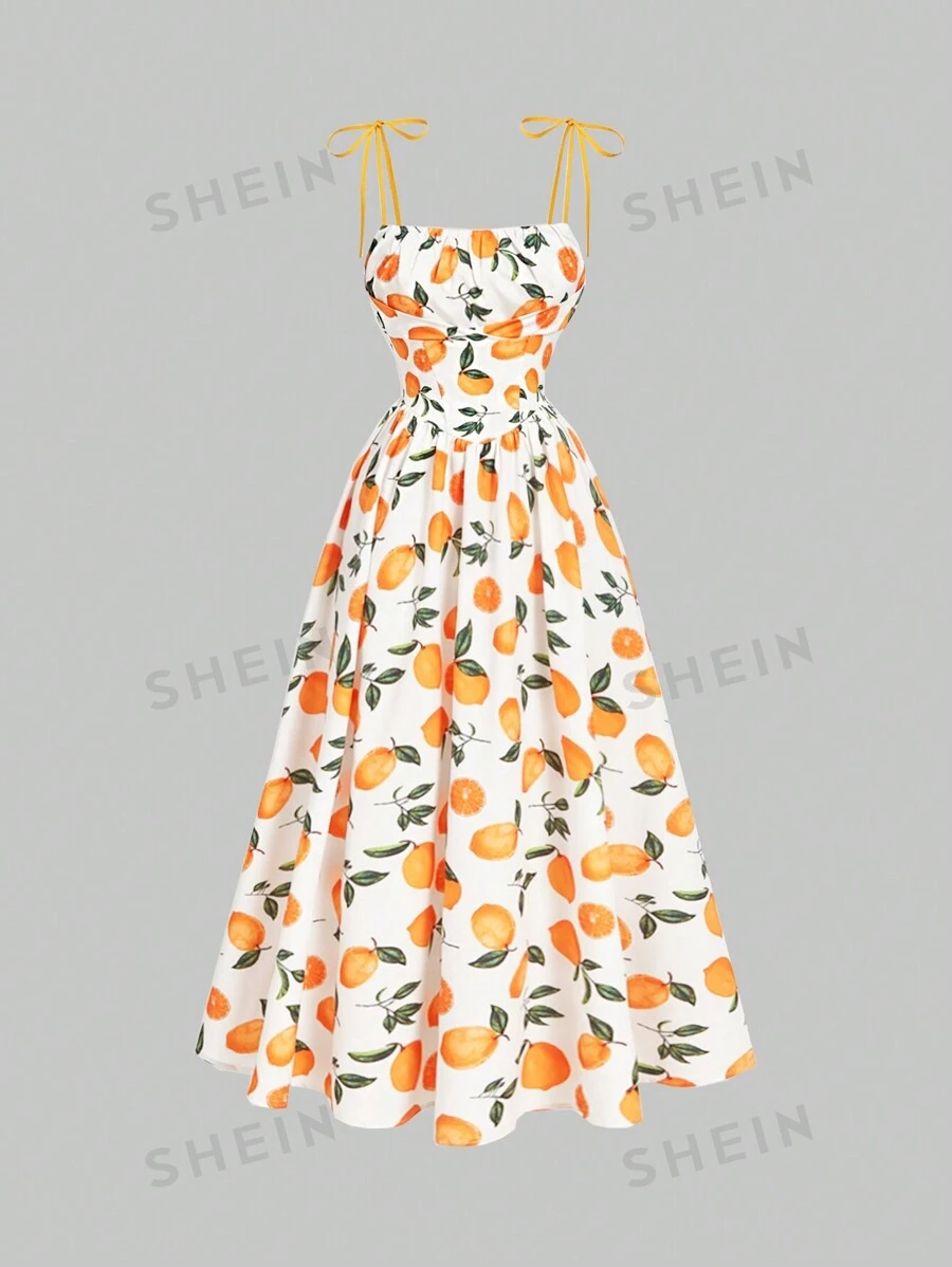 SHEIN MOD Vestido de mujer de largo medio, vestido con estampado de frutas tropicales, vestido amarillo