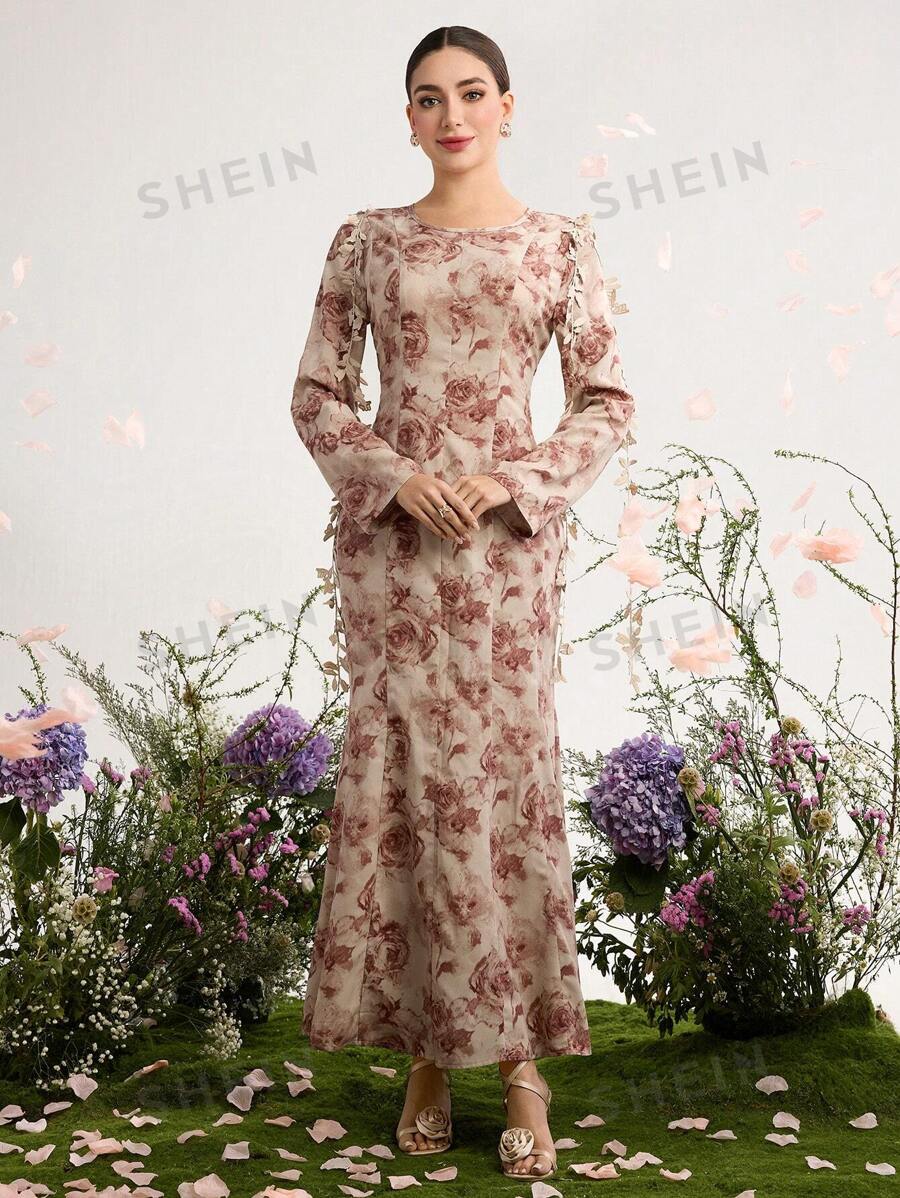 Graceveil Vestido abaya floral de flujo modesto y extra largo con estampado de teñido anudado para mujer