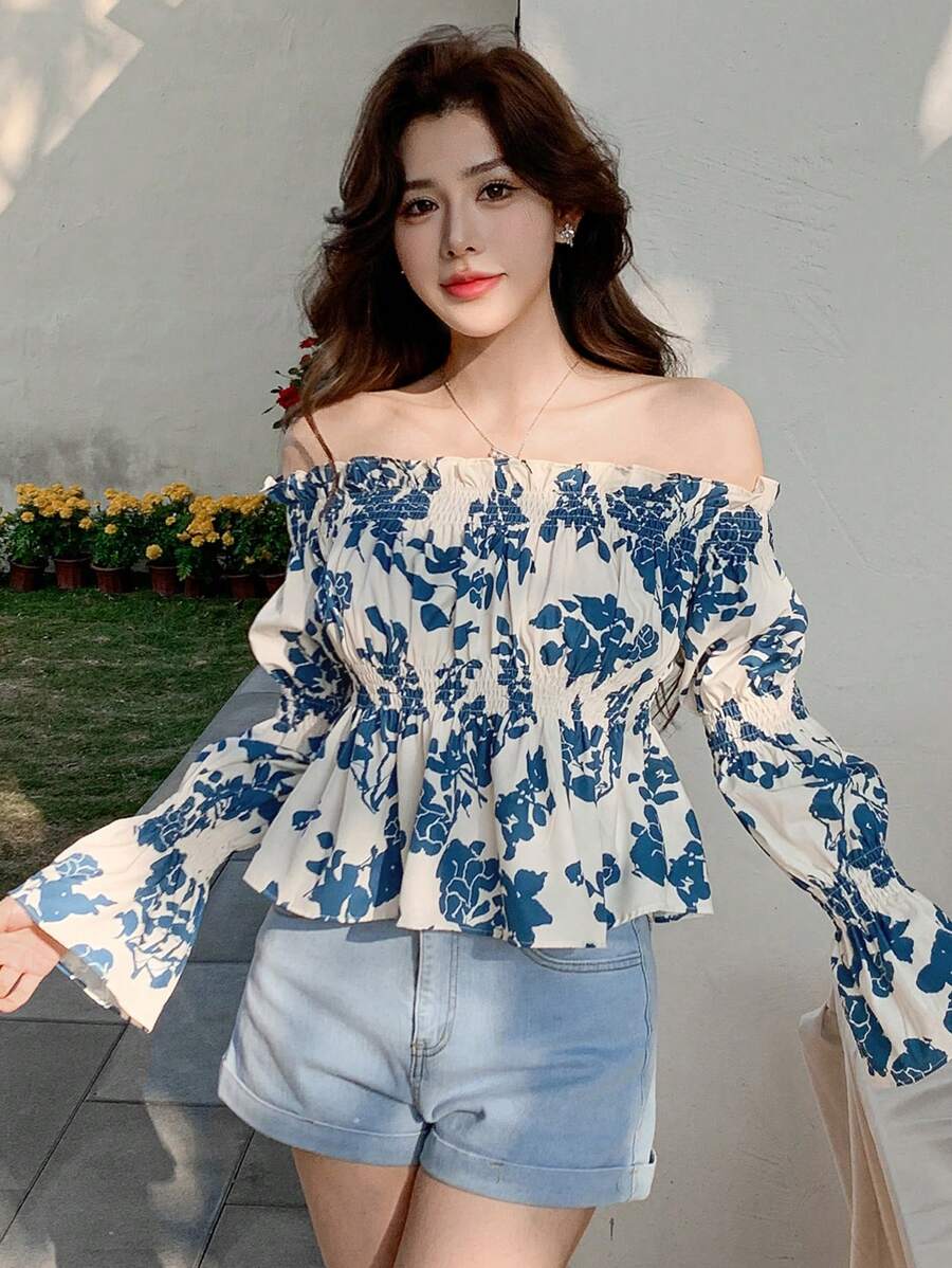 DAZY Blouse met off-shoulder bloemenprint en ruches voor dames