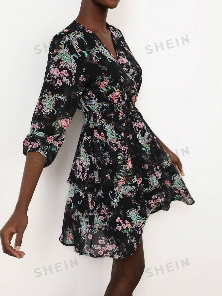 Aveloria Modichic Elegante vestido corto de mujer con mangas abombadas y largas, cintura fruncida, falda plisada, estampado floral de gasa y escote calado