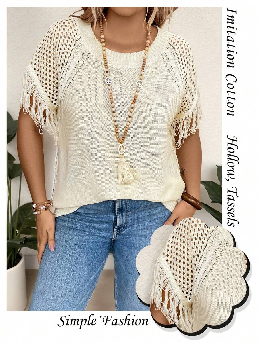 Breezaya Plus Size Boho Round Neck Fringed Casual Daily Wear Spring Summer Short Sleeve Knitwear Top