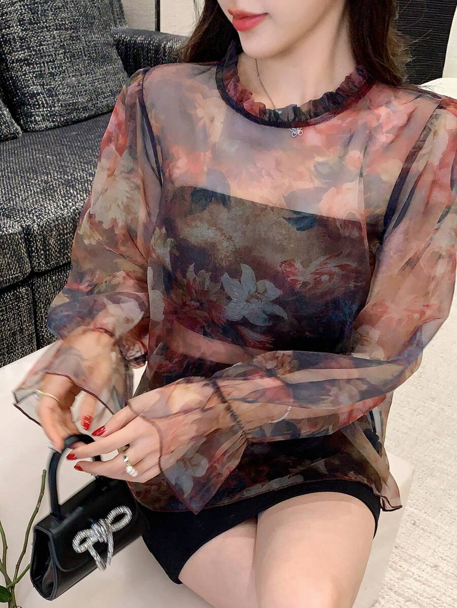 DAZY Floral Print Stand Collar Ruffle Trim Long Sleeve Casual Blouse For Women, Vacation Wear, Summer