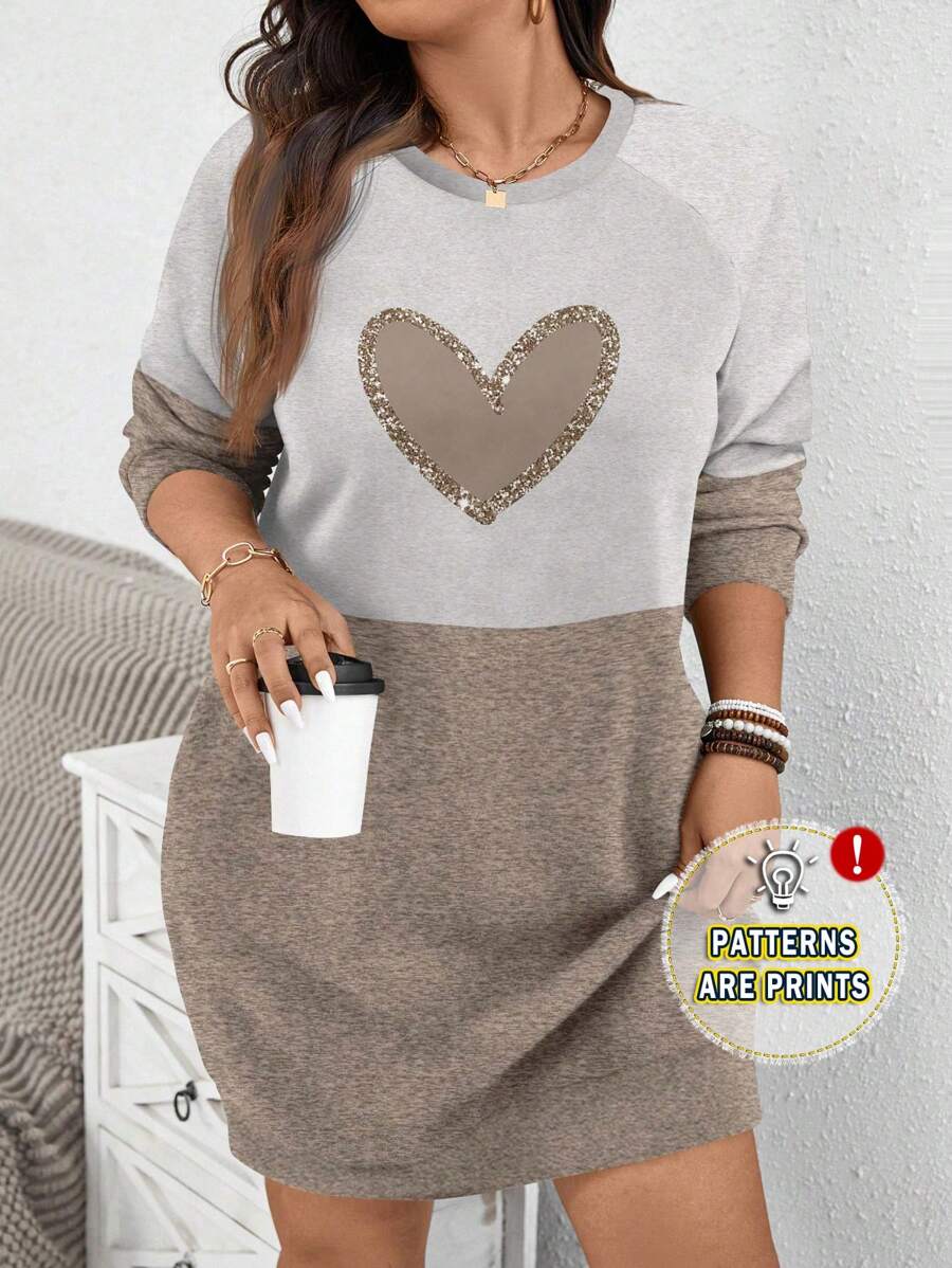 EMERY ROSE Casual Minimalist Allover Heart Print Round Neck Long Sleeve Long Hoodie Sweatshirt, Plus Size, Suitable For Autumn & Winter
