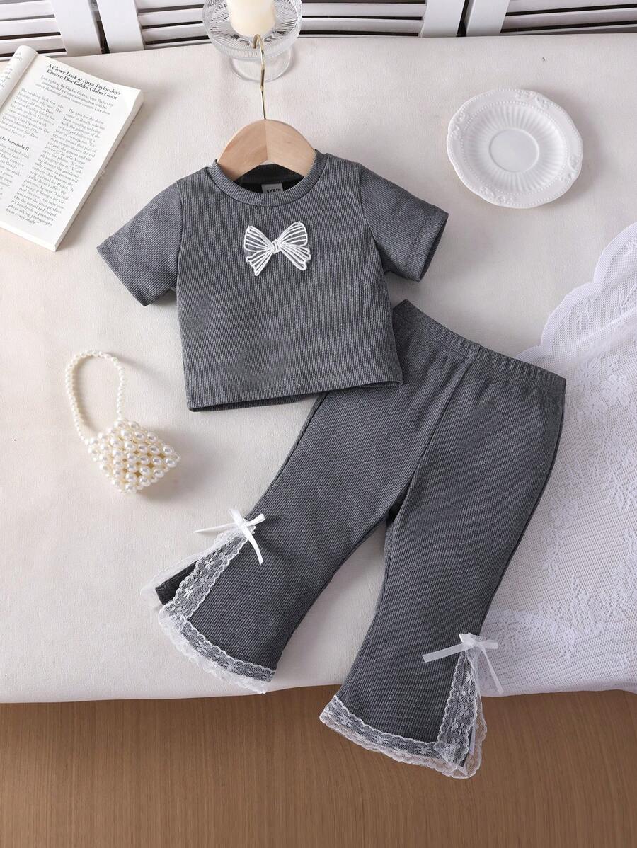 Baby Girl Casual Gray Round Neck Top + Gray Pants With Bowknot & Ruffle Decor 2Pcs Set, Summer