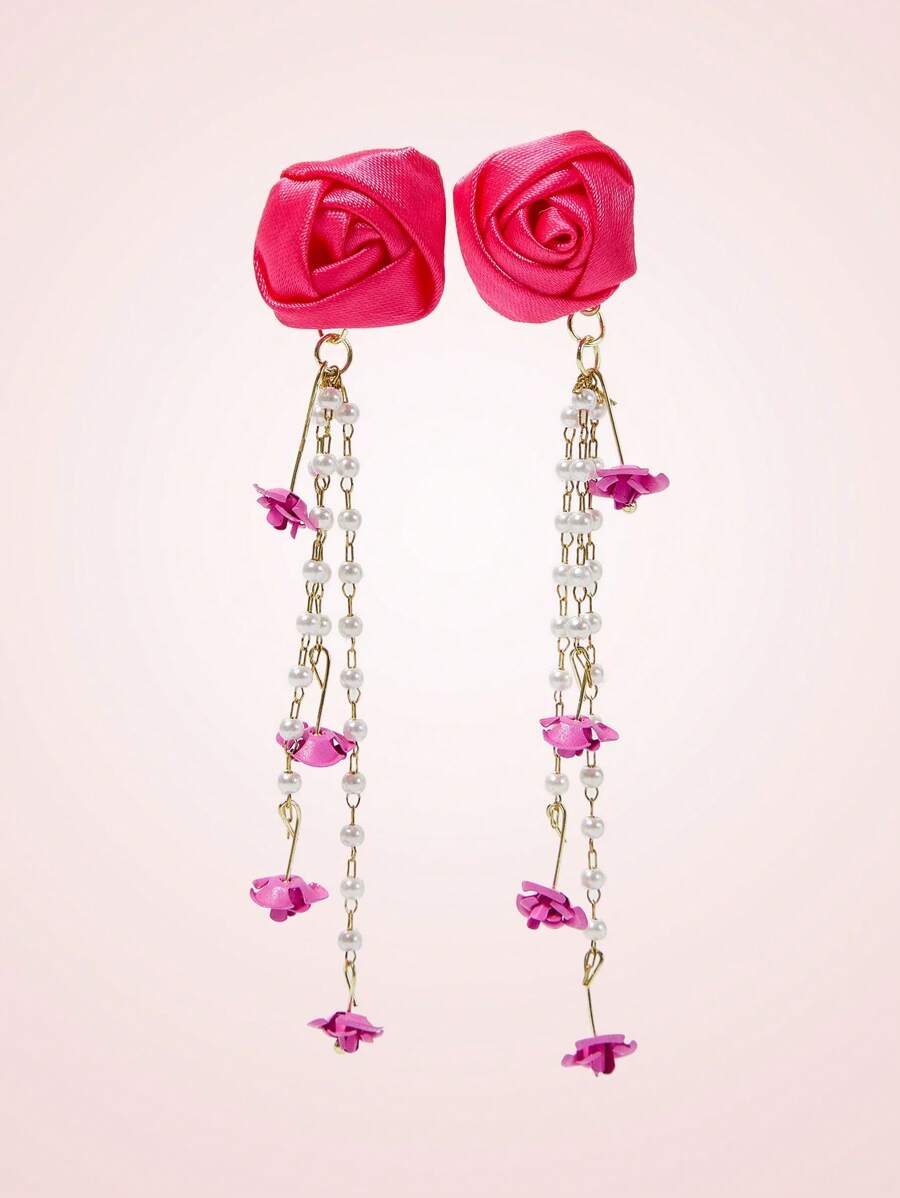 SHEIN MOD Satin Dimensional Faux Pearl Flower Tassel Dangle Earrings