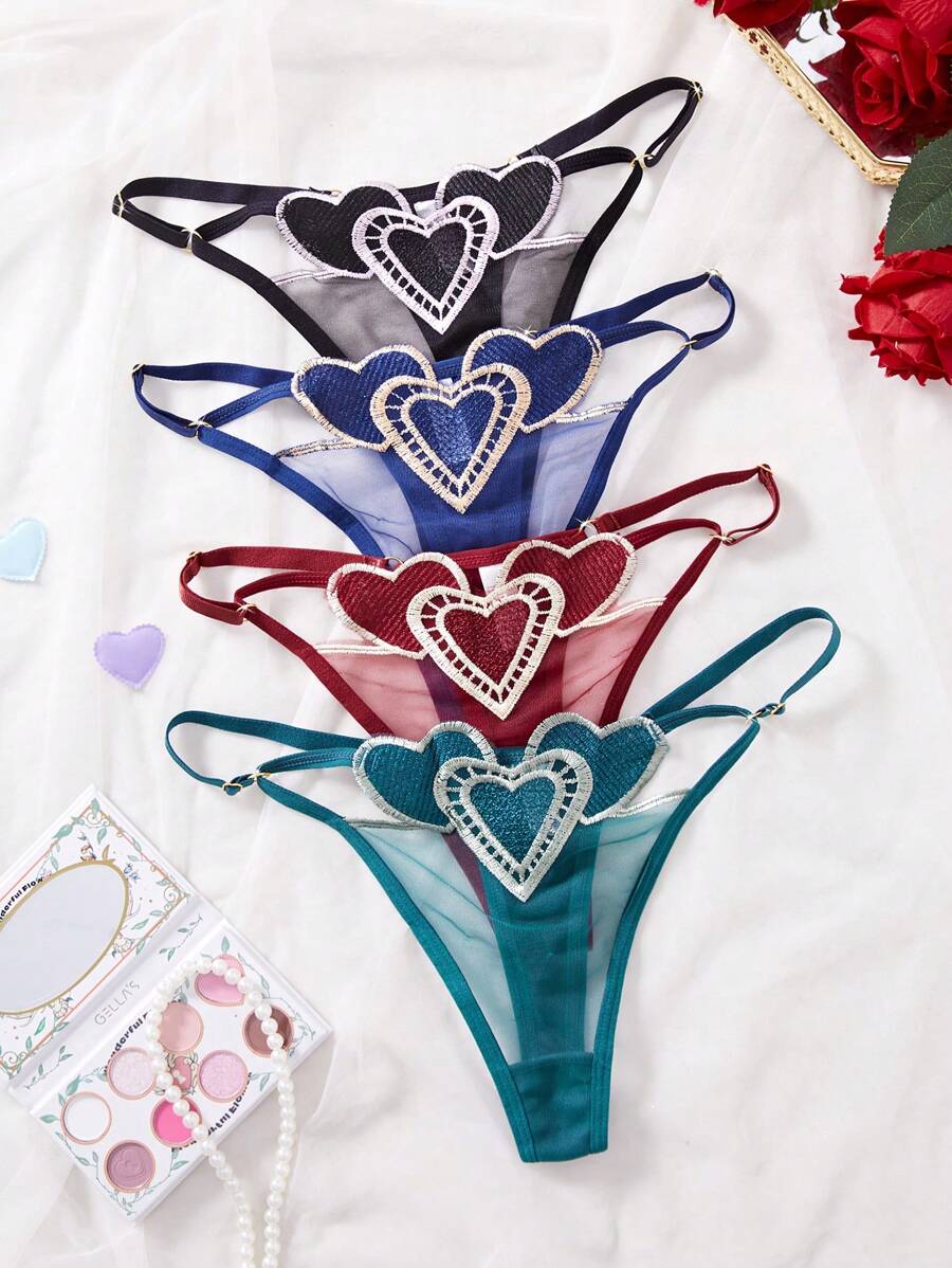 4 Peças/Conjunto Tanga Sexy Feminina com Bordado em Forma de Coração, Romântica