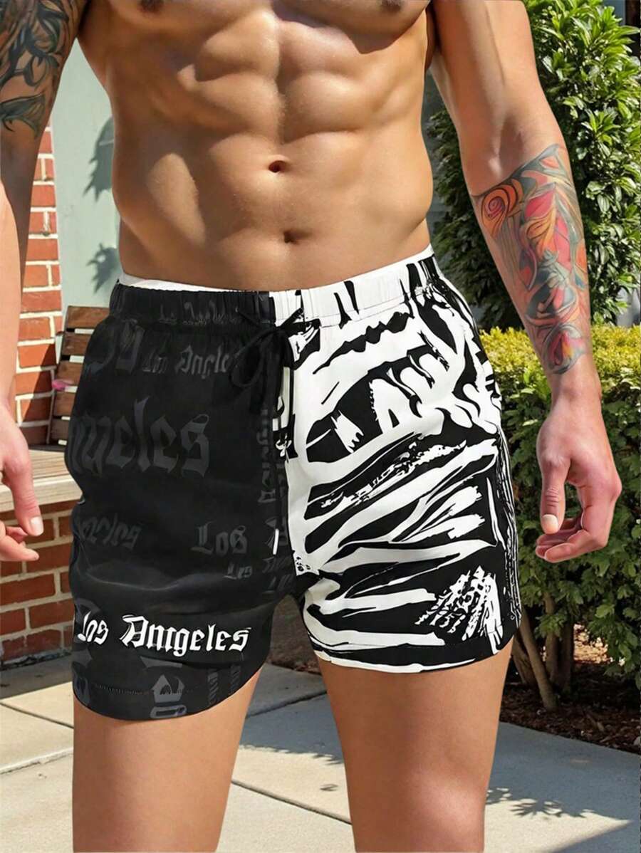 Manfinity LEGND Loose Men's Color Block Letter Print Drawstring Waist Shorts
