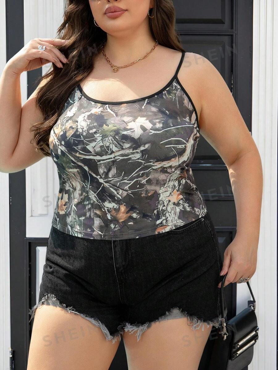 Camiseta sin mangas casual con estampado de ramas de árbol para mujer talla grande