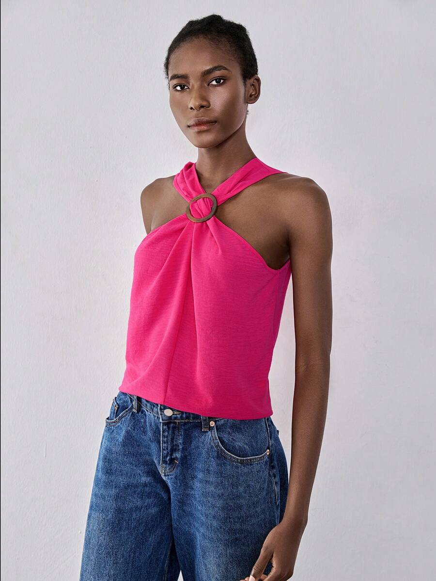 Lumivelle Casual Fashion Loose Fit Criss-Cross Halter Neck Tank Top