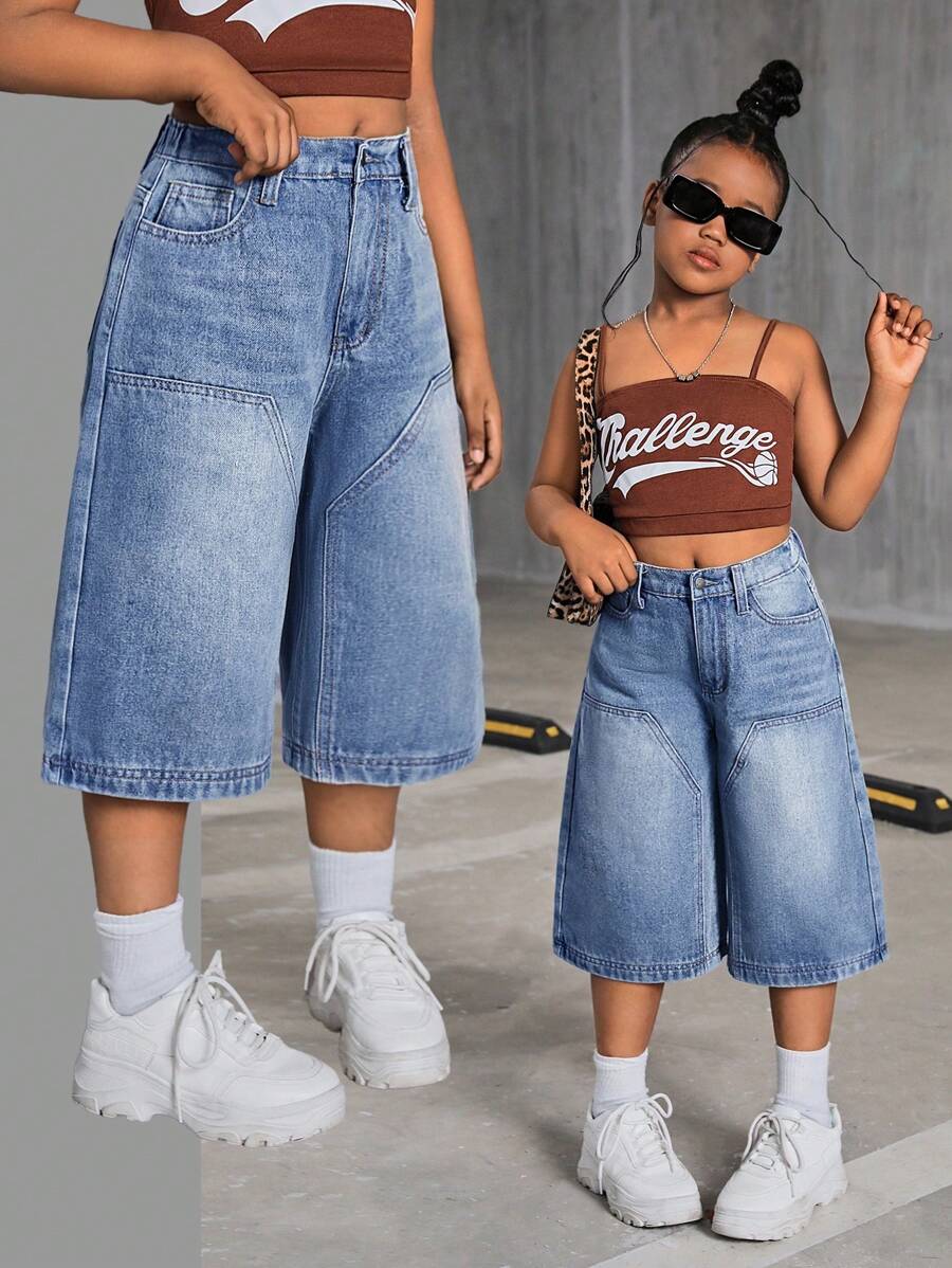 SHEIN Tween Girls Y2K 2000s Retro Washed Baggy Causal Denim Wide Leg Knee Length Jeans Shorts,Girls Spring Summer Boho Concert Rave Festival Clothes Back To School Streetwear Outfits
