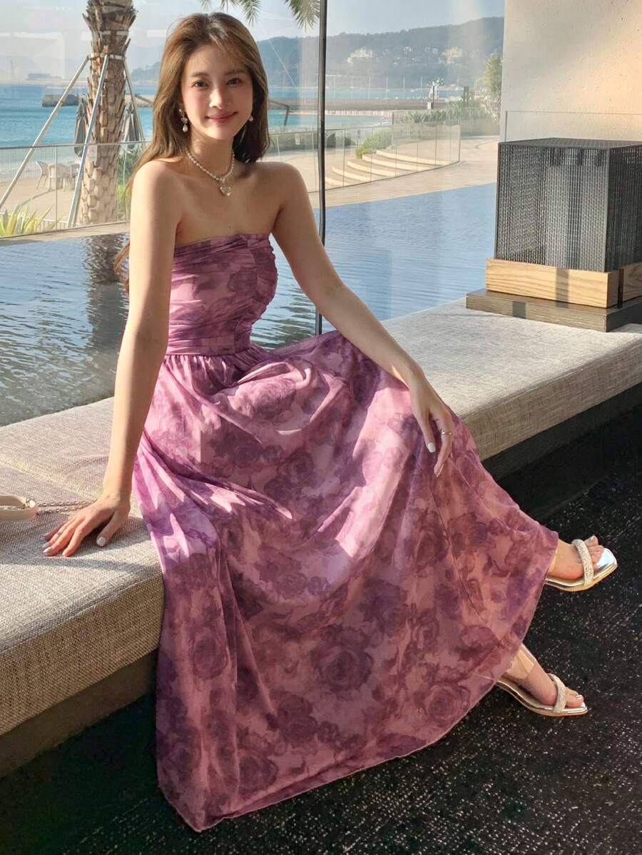 DAZY Women Floral Print Ruched Bandeau Midi Vacation Dress Summer Sundress