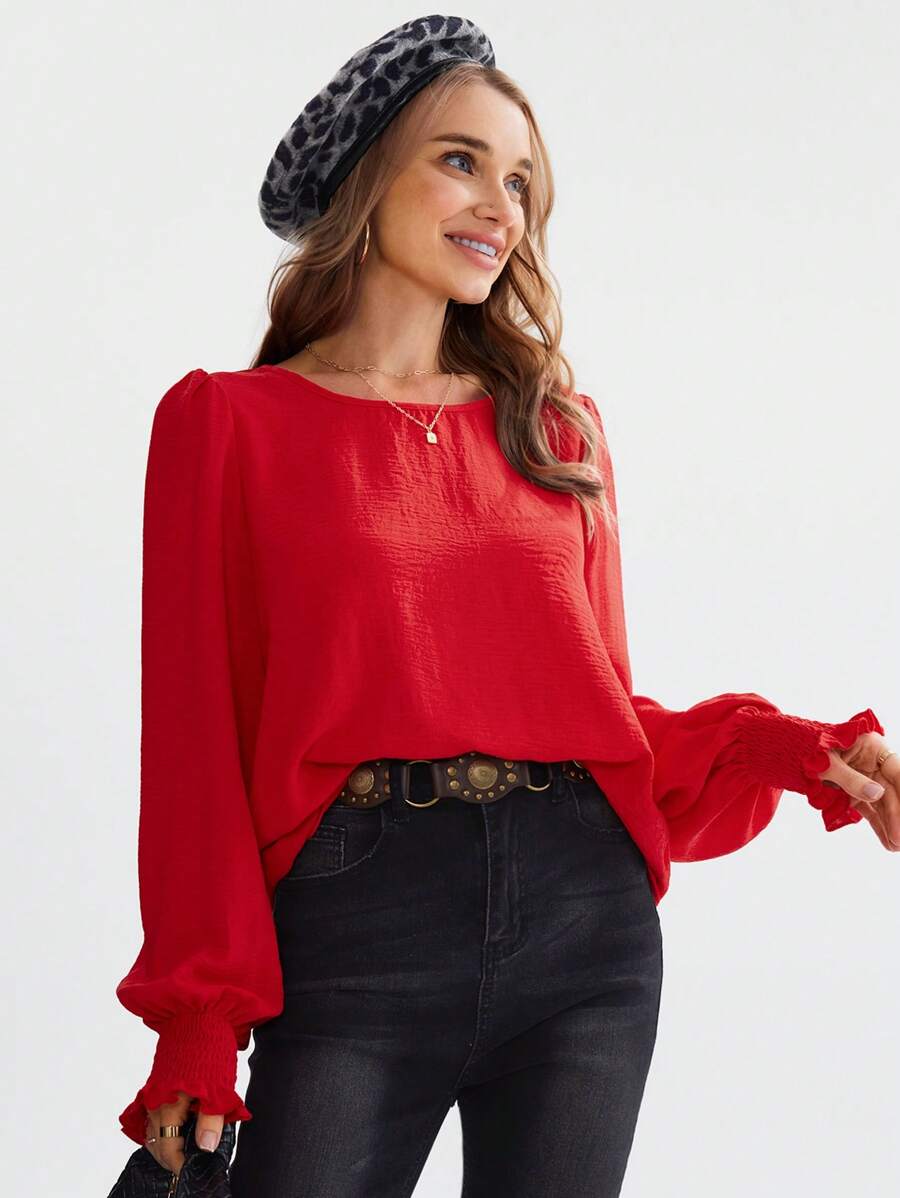 EMERY ROSE Round Neck Solid Ruffle Flare Sleeve Blouse Valentine's Day