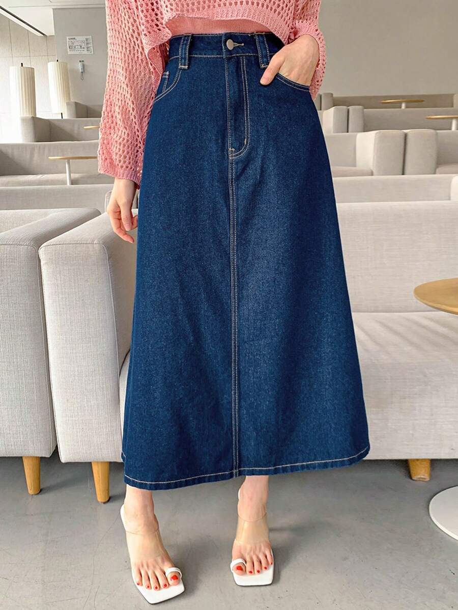 DAZY Women's Pocket Design Long Casual Versatile Denim Skirt Summer