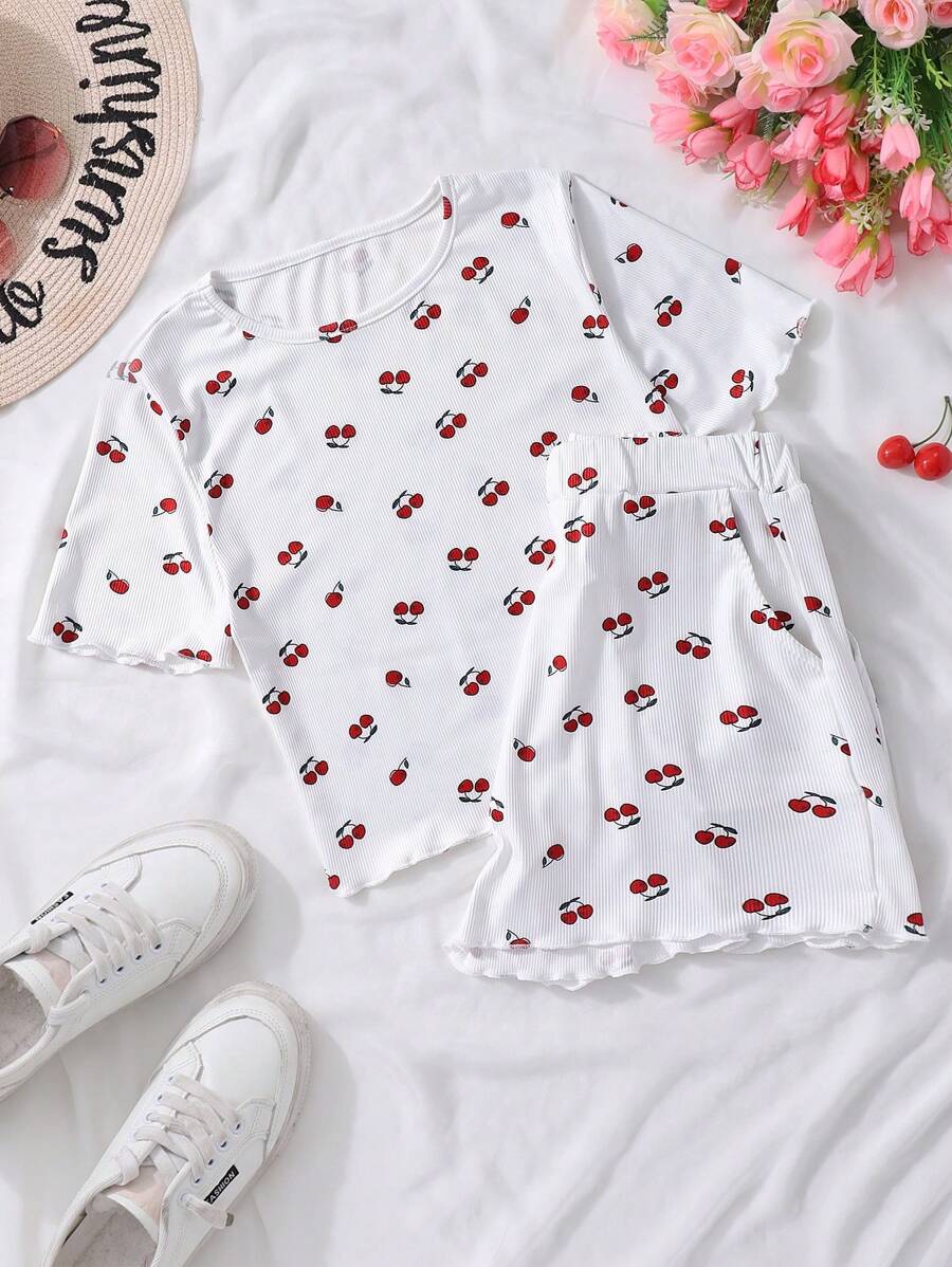 Teen Girls Cherry Print Short Sleeve Top And Shorts 2 Pieces Set