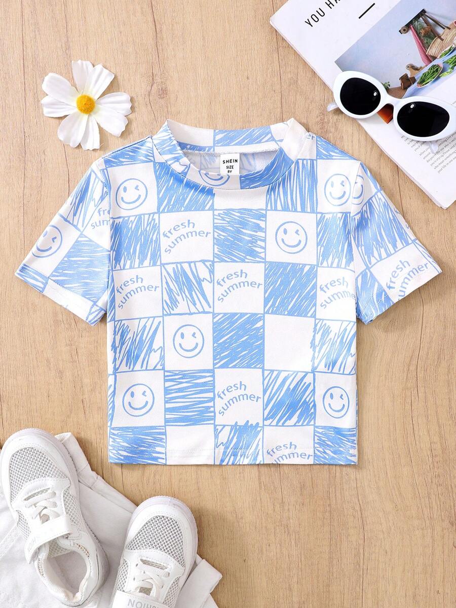 SHEIN Tween Girls' Solid Color Smiling Face Knit Crop Top Casual T-Shirt