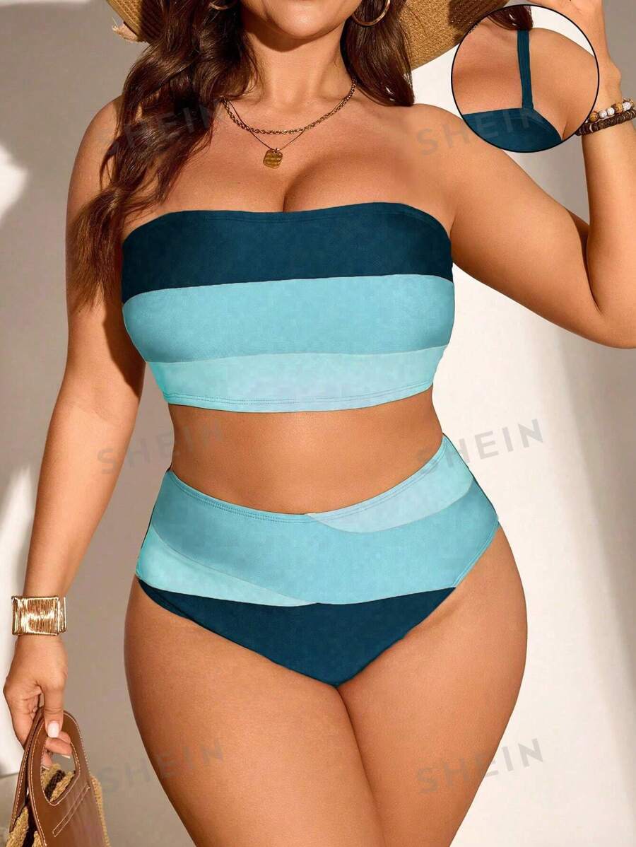 SHEIN Swim Curve Set de 2 piezas de bikini con diseño a rayas y contraste de color, talla grande, para mujeres. Diseño sencillo y de moda para vacaciones y ocio en la playa durante el verano