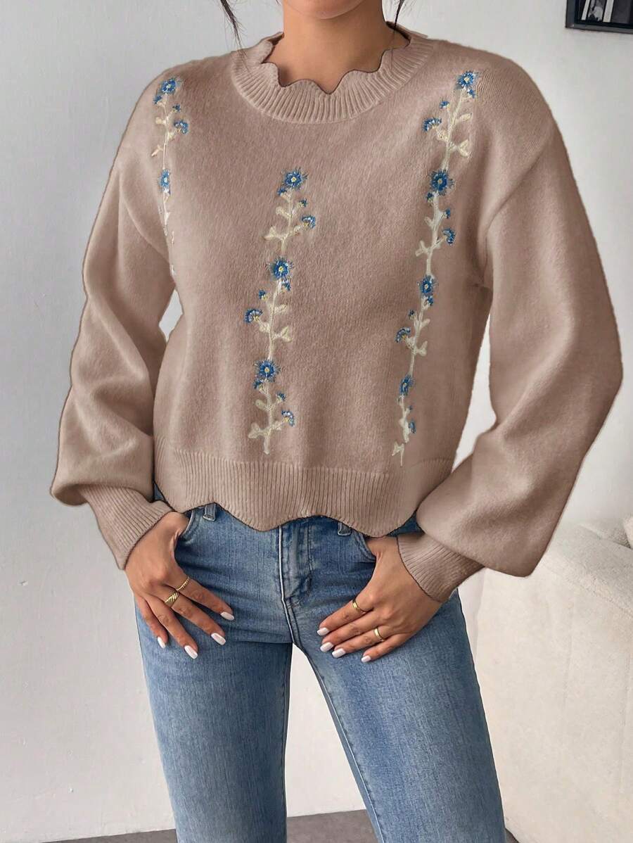 Chiquease Loose Knit Top With White Lace Collar, Embroidered Design, Suitable For Autumn/Winter
