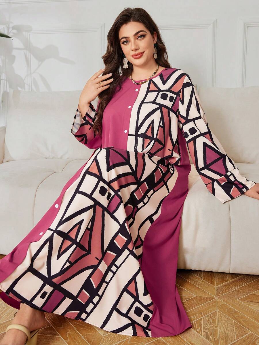 Lacomfia Robe imprimée géométrique à patchwork à manches longues pour grandes tailles