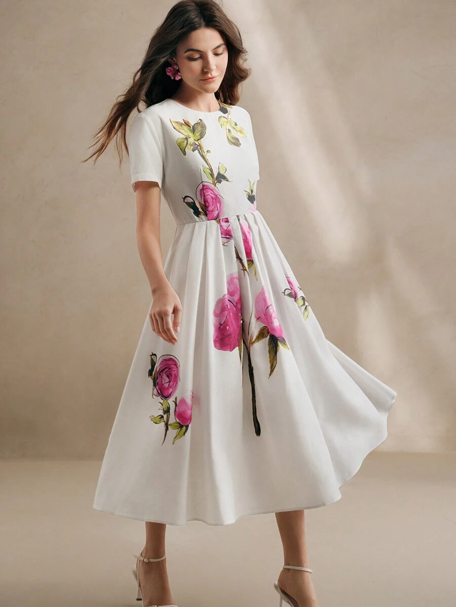 Anewsta French Vintage Romantic Rose Floral Print Round Neck Short Sleeve A-Line Dress For Women