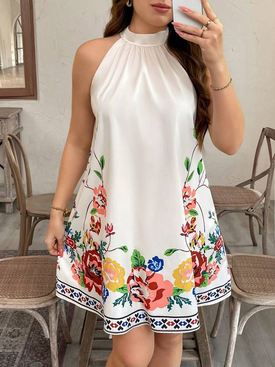 SHEIN Clasi Robe d'été décontractée avec imprimé floral et col ras-du-cou, grande taille