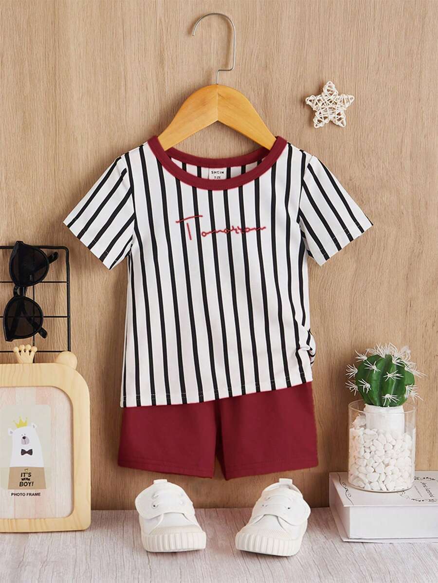 SHEIN 2pcs Baby Boy Casual Comfortable Stripe Patchwork Set, Suitable For Sports, Shopping, Party