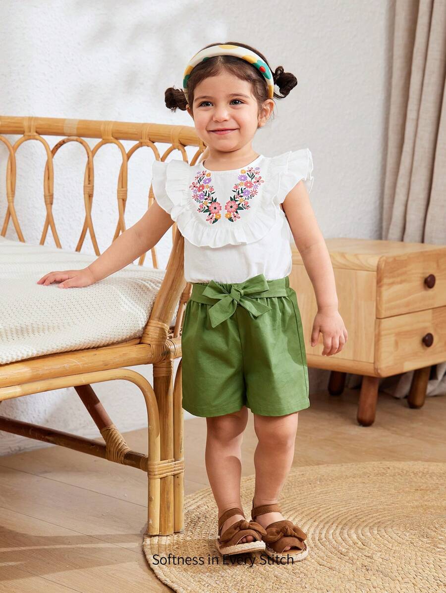 Cozy Pixies 2 pièces/Set Top à col rond en tricot doux avec volants et short à taille élastique motif floral Ditsy pour bébé fille