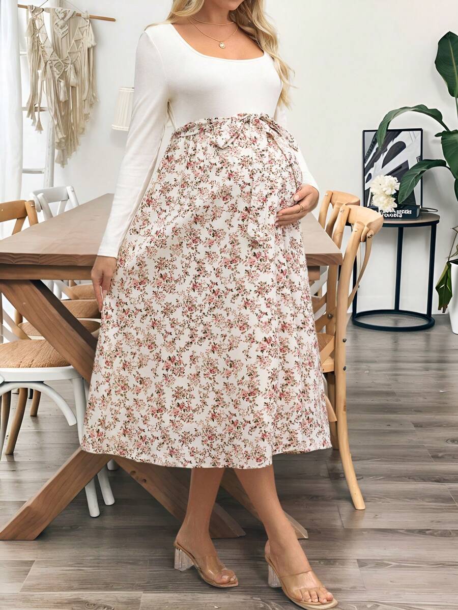 SHEIN Maternity Casual Contrast Floral Print Dress, For Autumn