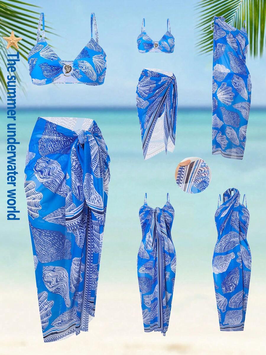 SHEIN Swim Curve Summer Plus Size 3Pcs Women's Adjustable Strap Bikini Set, Random Printed Cover Up, Ocean Shell Metal Accent, Casual Beach Holiday